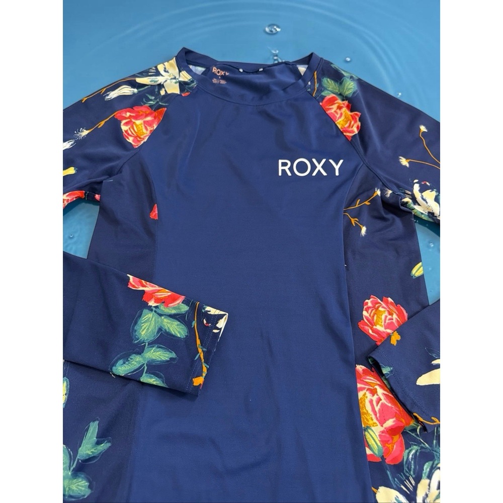 Roxy Blue Floral Solid Long Sleeve Pullover Rashguard Kids Girls Size M 10